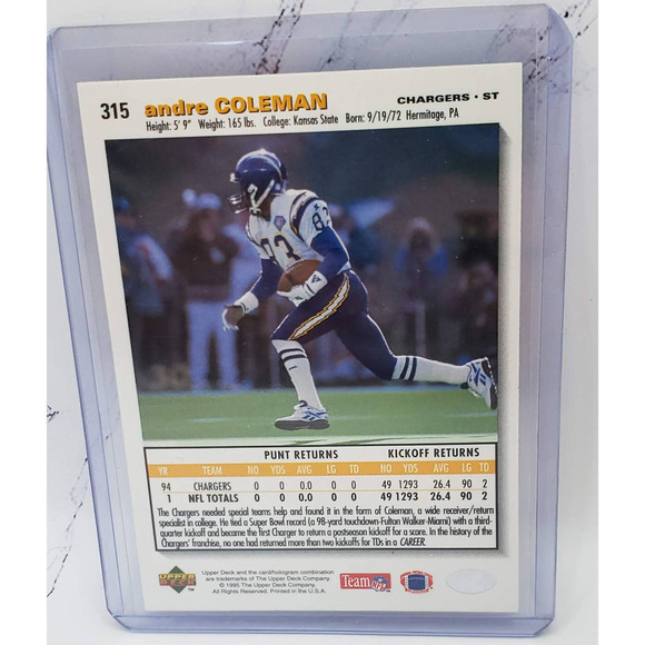 1995 Collector's Choice Platinum Player's Club #315 Andre Coleman Chargers - Picture 3 of 4